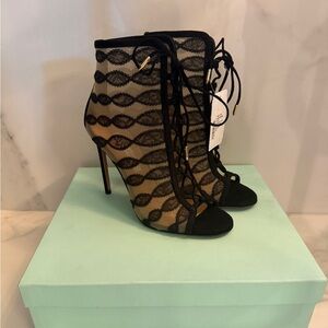 Black Lace Peep-Toe Lace-Up Stiletto Aquazzura Booties - Black